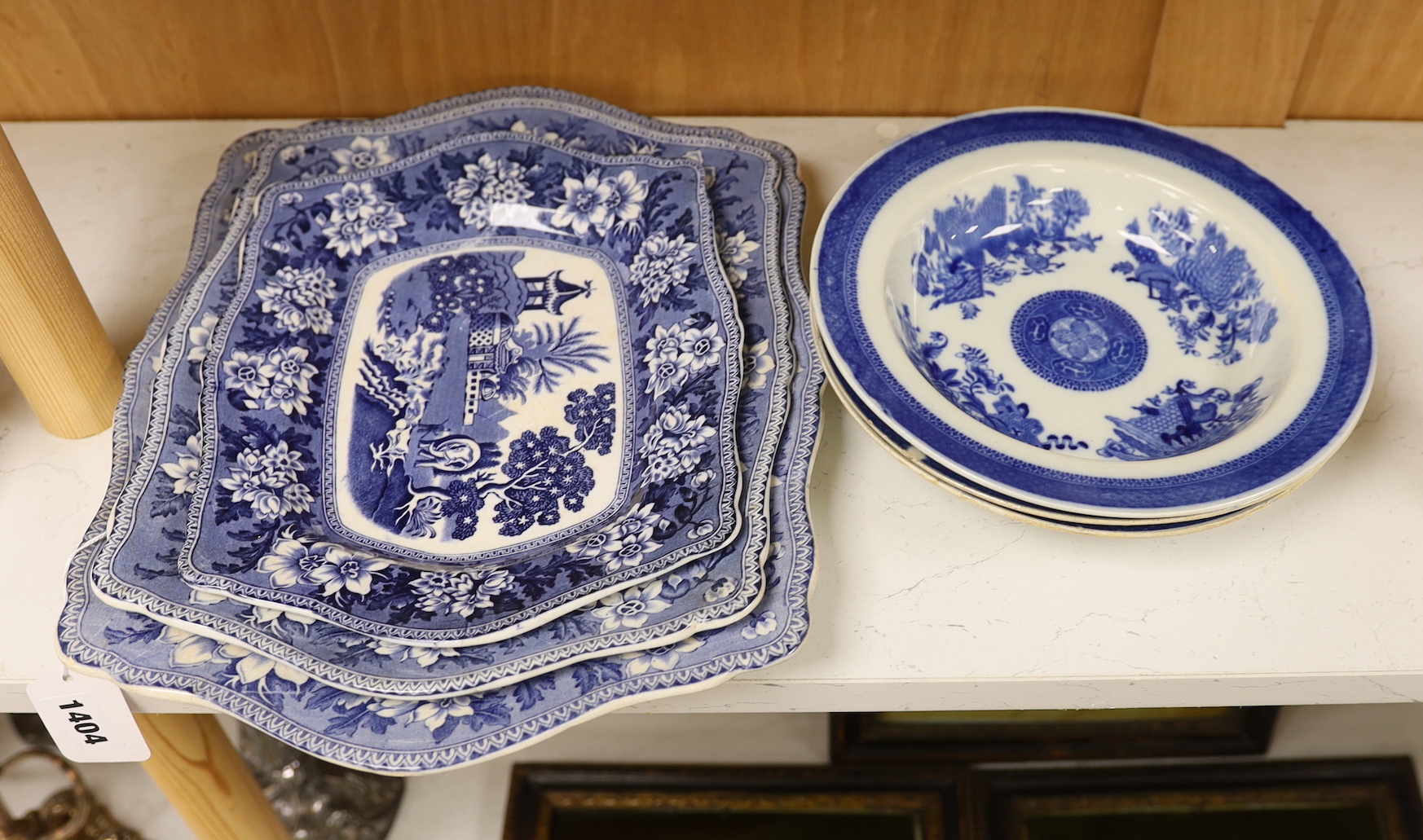 Three Burslem blue and white dishes and three pearlware blue and white bowls
